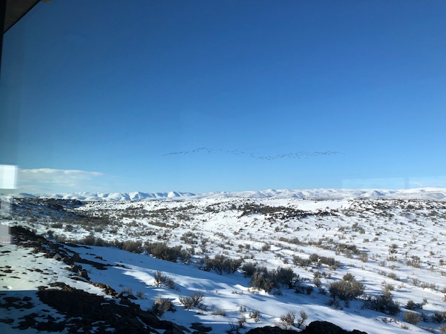Snow-covered high desert and sagebrush stretching to distant hills under a clear winter sky